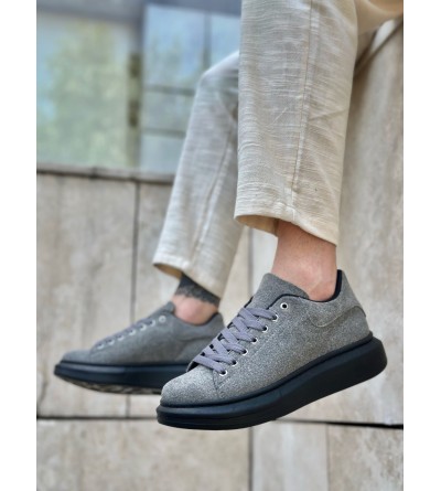 BA0547 BOA Kalın Yüksek Taban Gri Siyah Süet Bağcıklı Spor Erkek Ayakkabı