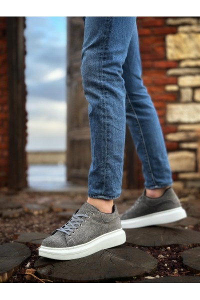 BA0547 BOA Kalın Yüksek Taban Gri Süet Bağcıklı Spor Erkek Ayakkabı