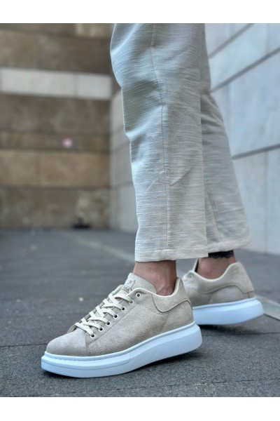 BA0547 BOA Kalın Yüksek Taban Krem Süet Bağcıklı Spor Erkek Ayakkabı