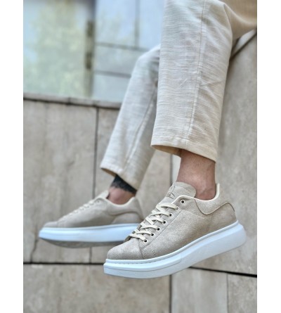 BA0547 BOA Kalın Yüksek Taban Krem Süet Bağcıklı Spor Erkek Ayakkabı