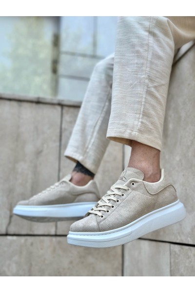 BA0547 BOA Kalın Yüksek Taban Krem Süet Bağcıklı Spor Erkek Ayakkabı