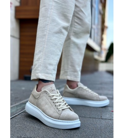 BA0547 BOA Kalın Yüksek Taban Krem Süet Bağcıklı Spor Erkek Ayakkabı