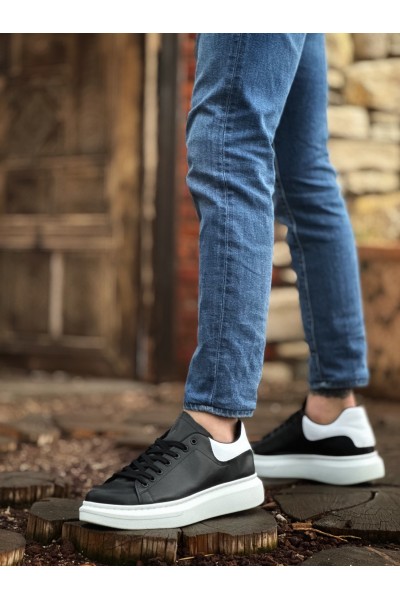 BA0547 BOA Kalın Yüksek Taban Siyah Beyaz Parça Detay Bağcıklı Spor Erkek Ayakkabı