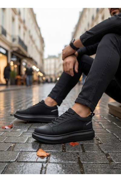 BA0548 BOA Kalın Yüksek Siyah Taban Siyah Bağcıklı Spor Erkek Ayakkabı