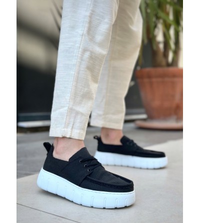 BA0676 BOA Siyah Keten Yüksek Beyaz Taban Erkek Yazlık Ayakkabı