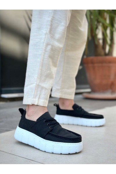 BA0676 BOA Siyah Keten Yüksek Beyaz Taban Erkek Yazlık Ayakkabı BA0676 BOA Siyah Keten Yüksek Beyaz Taban Erkek Yazlık Ayakkabı