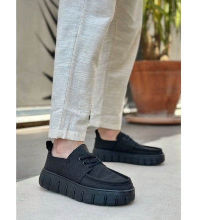 BA0676 BOA Siyah Keten Yüksek Taban Erkek Yazlık Ayakkabı