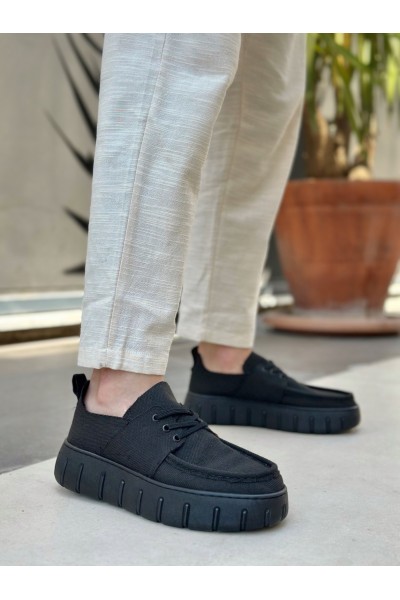 BA0676 BOA Siyah Keten Yüksek Taban Erkek Yazlık Ayakkabı