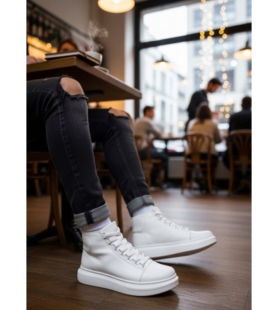 BA0713 Bağcıklı Beyaz Yüksek Taban Erkek Tarz Spor Bot