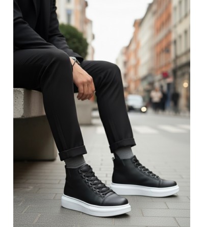 BA0713 Bağcıklı Yüksek Siyah Beyaz Taban Erkek Tarz Spor Bot