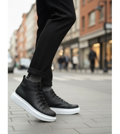 BA0713 Bağcıklı Yüksek Siyah Beyaz Taban Erkek Tarz Spor Bot