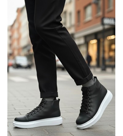 BA0713 Bağcıklı Yüksek Siyah Beyaz Taban Erkek Tarz Spor Bot