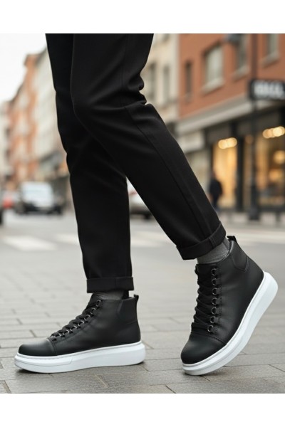 BA0713 Bağcıklı Yüksek Siyah Beyaz Taban Erkek Tarz Spor Bot