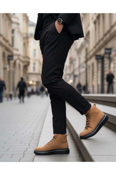 BA0713 Bağcıklı Yüksek Taba Süet Siyah Taban Erkek Tarz Spor Bot
