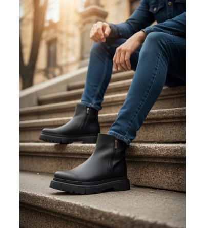 BA0777 Siyah Çift Fermuarlı Erkek Yarım Bilek Bot