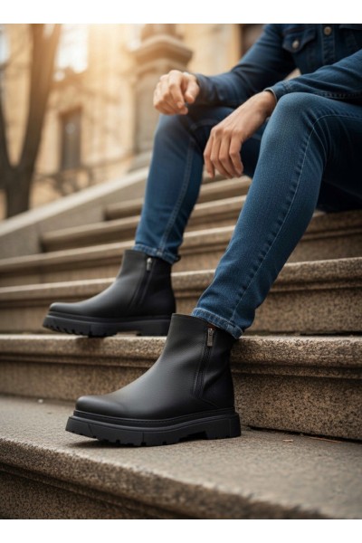 BA0777 Siyah Çift Fermuarlı Erkek Yarım Bilek Bot