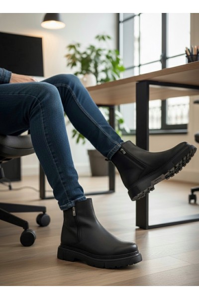 BA0777 Siyah Çift Fermuarlı Erkek Yarım Bilek Bot BA0777 Siyah Çift Fermuarlı Erkek Yarım Bilek Bot