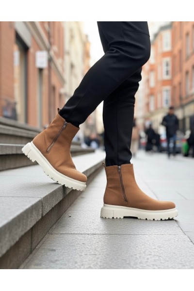 BA0777 Süet Taba Krem Taban Çift Fermuarlı Erkek Yarım Bilek Bot