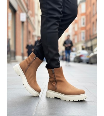 BA0777 Süet Taba Krem Taban Çift Fermuarlı Erkek Yarım Bilek Bot