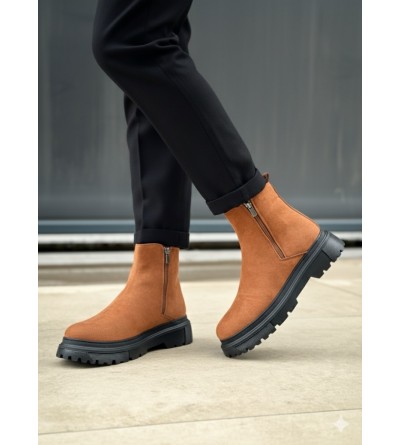 BA0777 Süet Taba Siyah Taban Çift Fermuarlı Erkek Yarım Bilek Bot