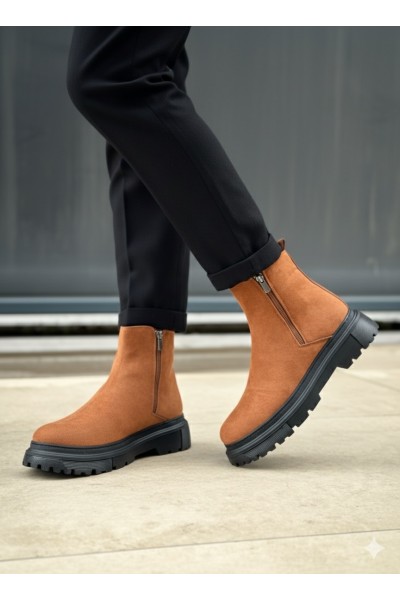 BA0777 Süet Taba Siyah Taban Çift Fermuarlı Erkek Yarım Bilek Bot