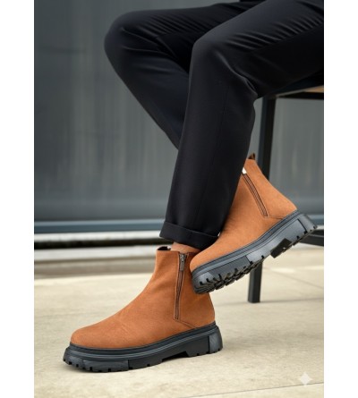 BA0777 Süet Taba Siyah Taban Çift Fermuarlı Erkek Yarım Bilek Bot