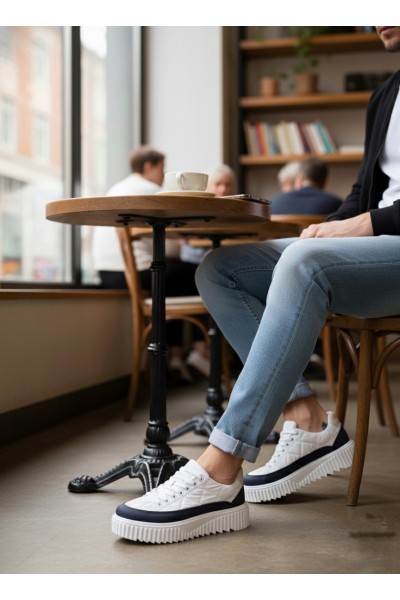 BA0801 BOA Yüksek Taban Beyaz Paraşüt Kumaş Laci Cilt Detaylı Erkek Ayakkabı