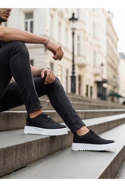 BA0801 BOA Yüksek Taban Siyah Paraşüt Kumaş Cilt Detaylı Erkek Ayakkabı BA0801 BOA Yüksek Taban Siyah Paraşüt Kumaş Cilt Detaylı Erkek Ayakkabı