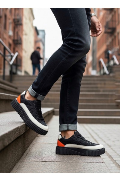 BA0801 BOA Yüksek Taban Siyah Paraşüt Kumaş Turuncu Cilt Detaylı Erkek Ayakkabı