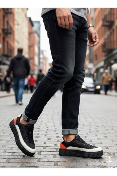 BA0801 BOA Yüksek Taban Siyah Paraşüt Kumaş Turuncu Cilt Detaylı Erkek Ayakkabı