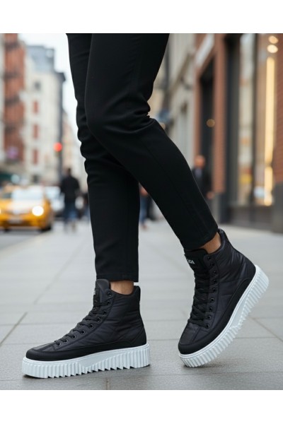 BA0811 BOA Yüksek Beyaz Taban Siyah Paraşüt Kumaş Cilt Detaylı Yarım Bilek Spor Bot 