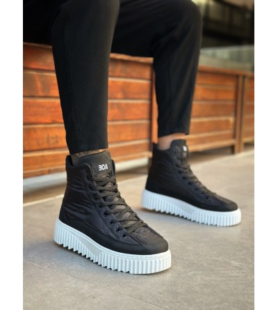 BA0811 BOA Yüksek Beyaz Taban Siyah Paraşüt Kumaş Cilt Detaylı Yarım Bilek Spor Bot 