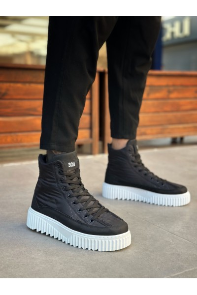 BA0811 BOA Yüksek Beyaz Taban Siyah Paraşüt Kumaş Cilt Detaylı Yarım Bilek Spor Bot 