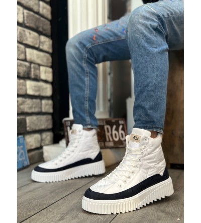 BA0811 BOA Yüksek Taban Beyaz Paraşüt Kumaş Lacivert Cilt Detaylı Erkek Ayakkabı