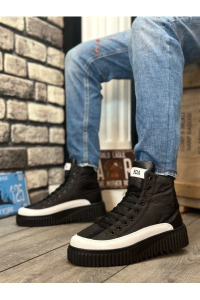 BA0811 BOA Yüksek Taban Siyah Paraşüt Kumaş Beyaz Cilt Detaylı Yarım Bilek Spor Bot BA0811 BOA Yüksek Taban Siyah Paraşüt Kumaş Beyaz Cilt Detaylı Yarım Bilek Spor Bot