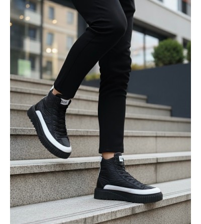 BA0811 BOA Yüksek Taban Siyah Paraşüt Kumaş Beyaz Cilt Detaylı Yarım Bilek Spor Bot 