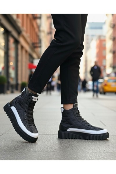 BA0811 BOA Yüksek Taban Siyah Paraşüt Kumaş Beyaz Cilt Detaylı Yarım Bilek Spor Bot 