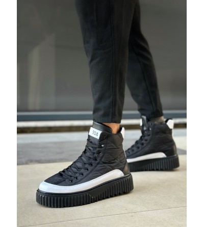 BA0811 BOA Yüksek Taban Siyah Paraşüt Kumaş Beyaz Cilt Detaylı Yarım Bilek Spor Bot 