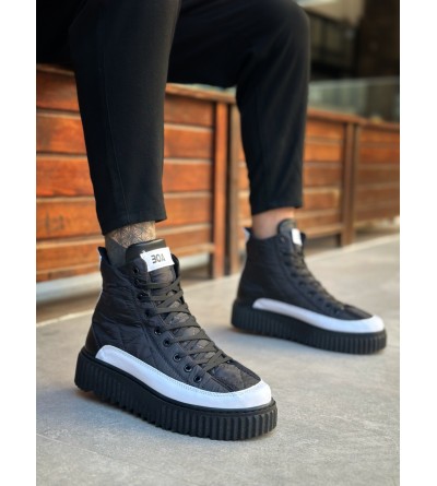 BA0811 BOA Yüksek Taban Siyah Paraşüt Kumaş Beyaz Cilt Detaylı Yarım Bilek Spor Bot 