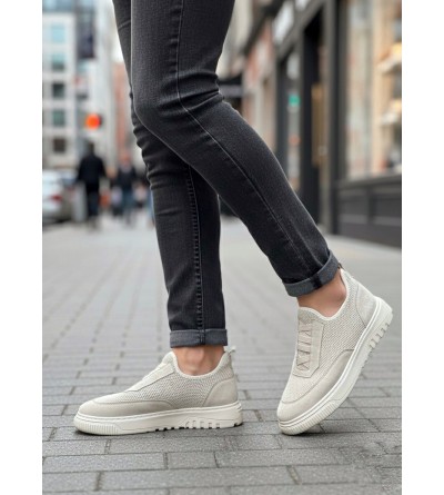 BA0911 Özel Örme Triko Deri Tozu Detaylı Bej Günlük Spor Ayakkabı 