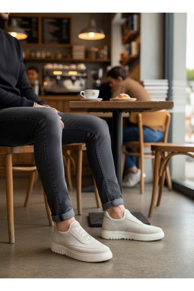 BA0911 Özel Örme Triko Deri Tozu Detaylı Bej Günlük Spor Ayakkabı 