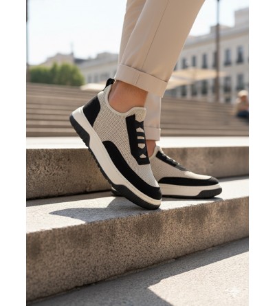 BA0911 Özel Örme Triko Deri Tozu Detaylı Bej Siyah Günlük Spor Ayakkabı 