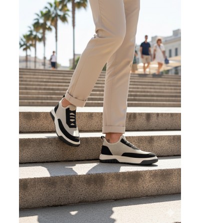 BA0911 Özel Örme Triko Deri Tozu Detaylı Bej Siyah Günlük Spor Ayakkabı 