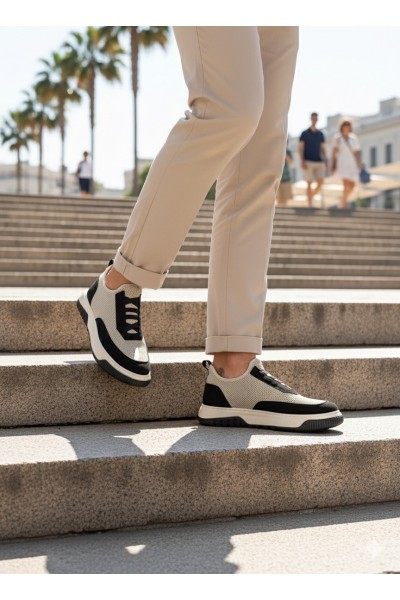 BA0911 Özel Örme Triko Deri Tozu Detaylı Bej Siyah Günlük Spor Ayakkabı 