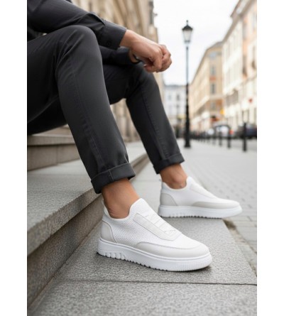 BA0911 Özel Örme Triko Deri Tozu Detaylı Beyaz Günlük Spor Ayakkabı 