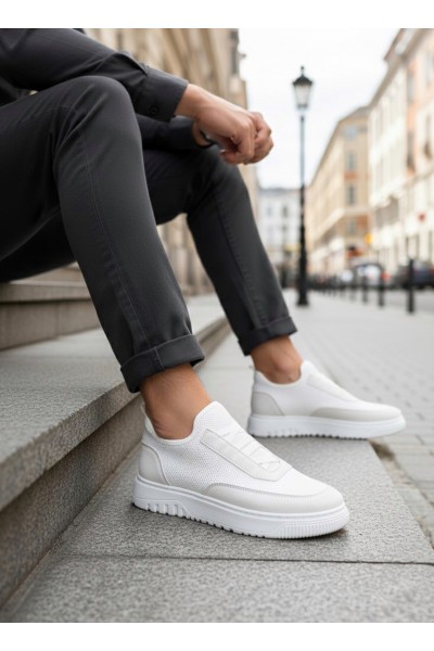 BA0911 Özel Örme Triko Deri Tozu Detaylı Beyaz Günlük Spor Ayakkabı 