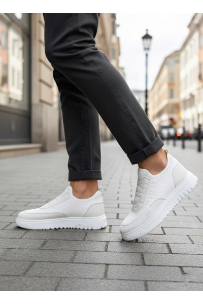 BA0911 Özel Örme Triko Deri Tozu Detaylı Beyaz Günlük Spor Ayakkabı 