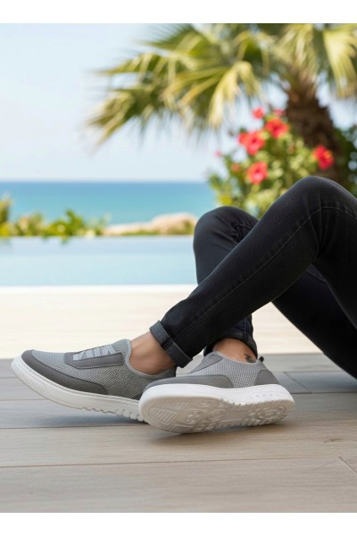 BA0911 Özel Örme Triko Deri Tozu Detaylı Gri Günlük Spor Ayakkabı 
