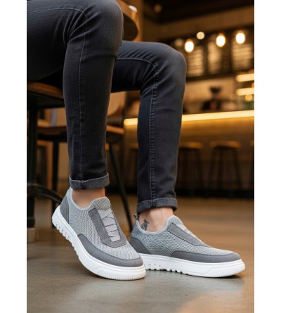 BA0911 Özel Örme Triko Deri Tozu Detaylı Gri Günlük Spor Ayakkabı 