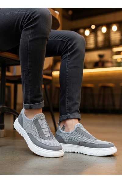 BA0911 Özel Örme Triko Deri Tozu Detaylı Gri Günlük Spor Ayakkabı 